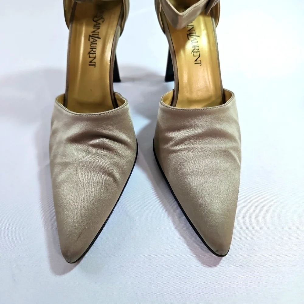 Vintage Yves Saint Laurent Satin Green/Gray D'Orsay Heels Size 8.5 - Picture 2 of 8